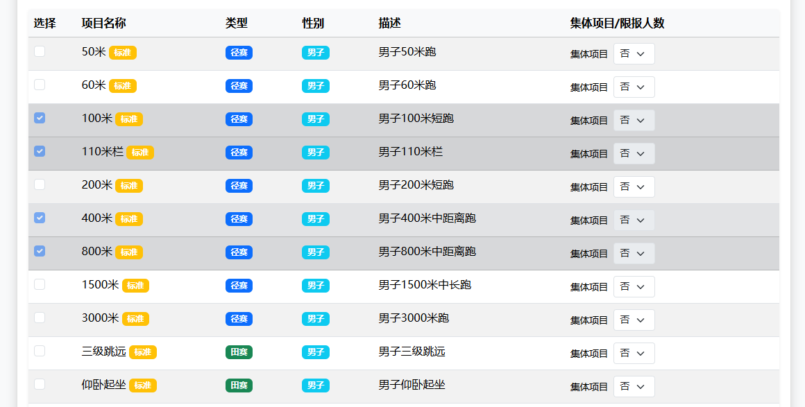 比赛项目列表页面示例